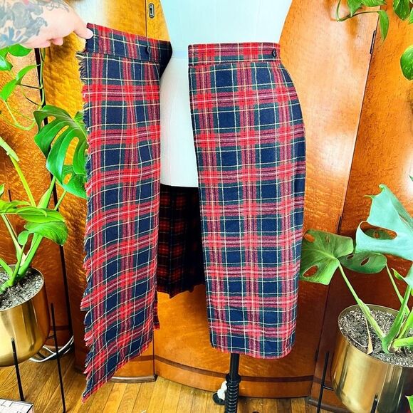 NWT DEADSTOCK 1970’s 70s Vintage Red Wool Plaid Pleated Fringe Kilt Skirt Xs 24w - Picture 3 of 10